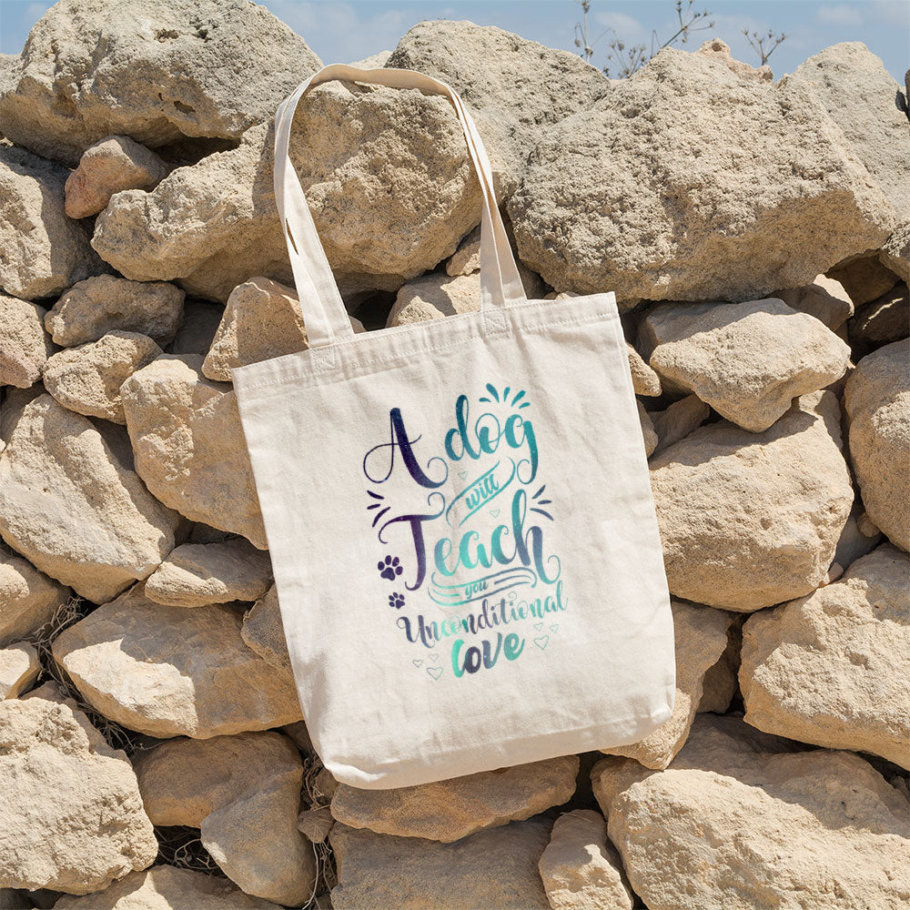 A Dog Will Teach You Unconditional Love With Green Galaxy Font Totes at $22.95 found at Personalizedpetlovergifts