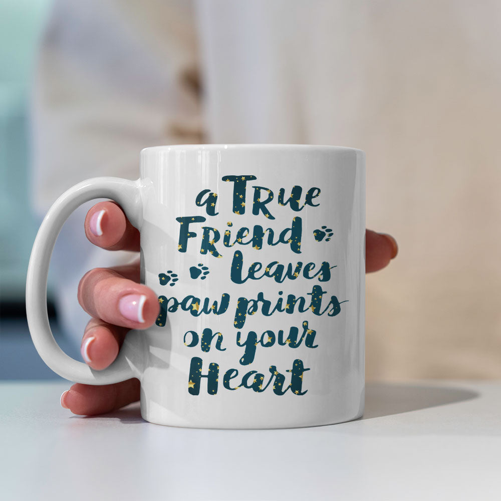 A True Friend Leaves Paw Prints On Your Heart In Star Pattern Mug at $13.95 found at Personalizedpetlovergifts