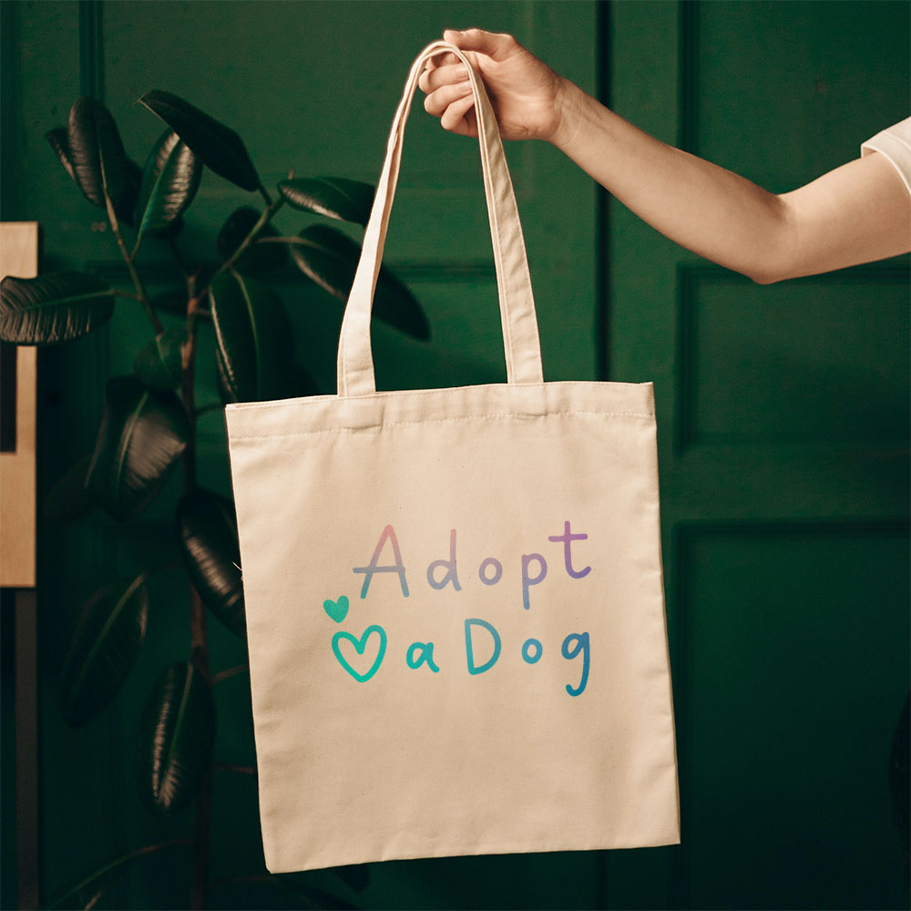 Adopt A Dog With Blue Gradient Font Totes at $22.95 found at Personalizedpetlovergifts