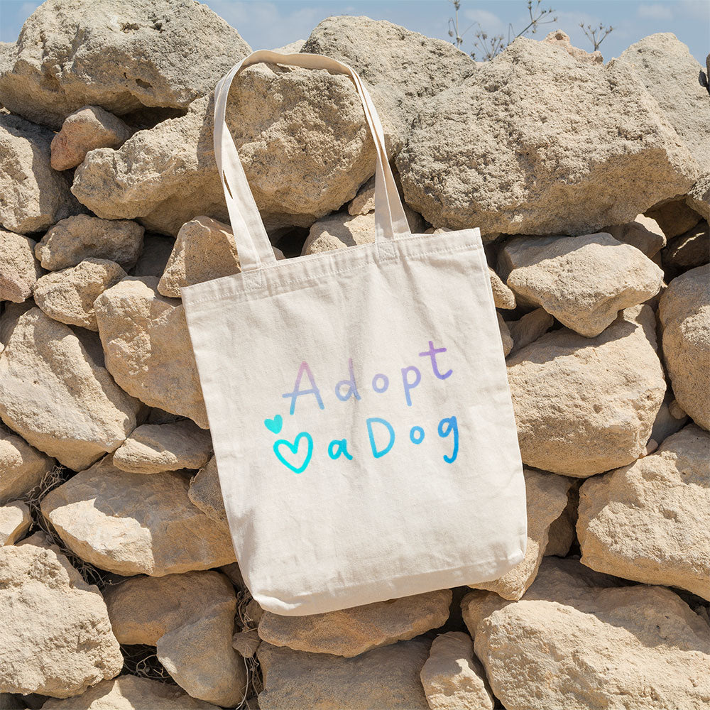 Adopt A Dog With Blue Gradient Font Totes at $22.95 found at Personalizedpetlovergifts