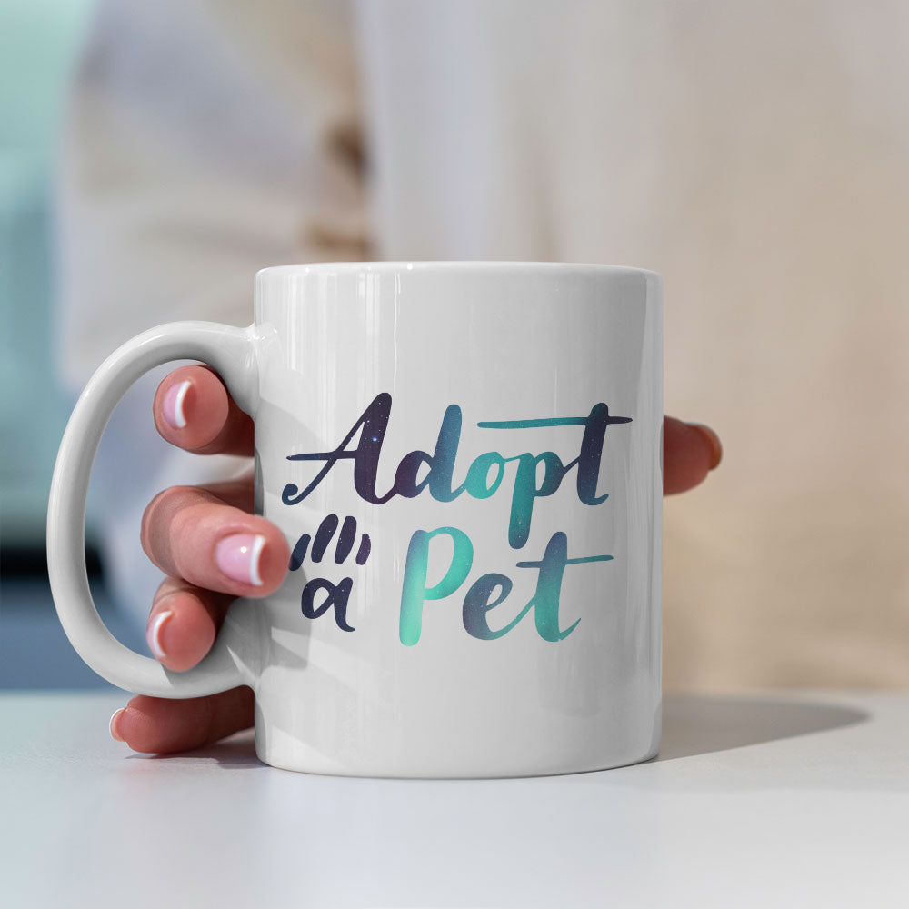 Adopt A Pet With Hearts with star font Mugs at $13.95 found at Personalizedpetlovergifts