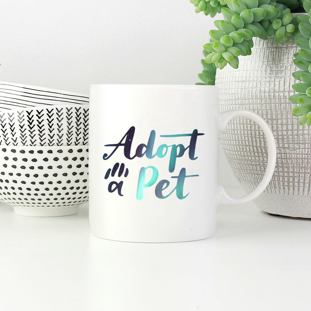 Adopt A Pet With Hearts with star font Mugs at $13.95 found at Personalizedpetlovergifts