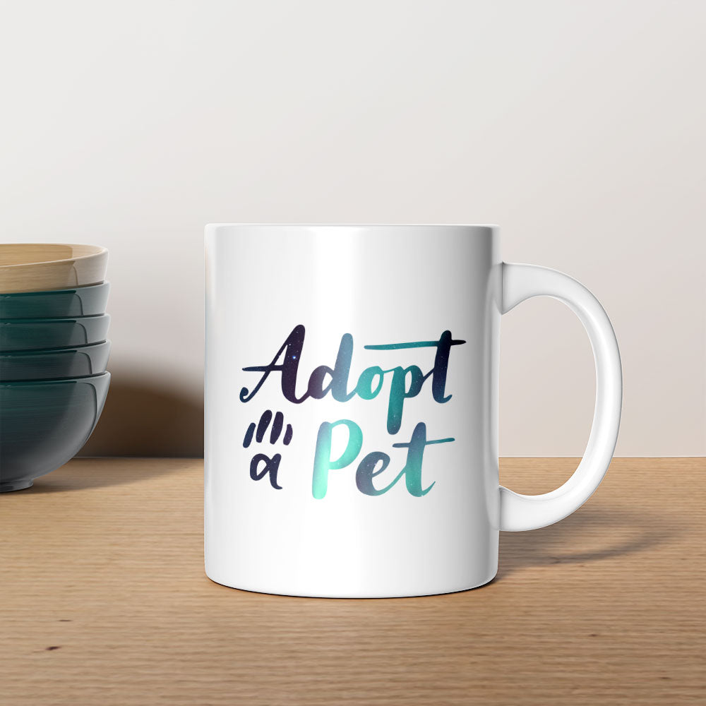 Adopt A Pet With Hearts with star font Mugs at $13.95 found at Personalizedpetlovergifts