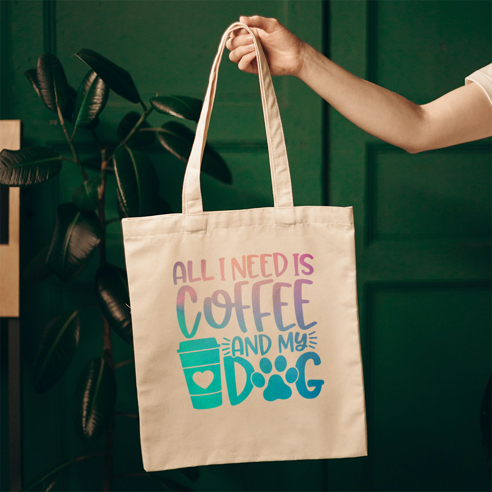 All I Need Is Coffee And My Dog With Blue Gradient Font Totes at $22.95 found at Personalizedpetlovergifts