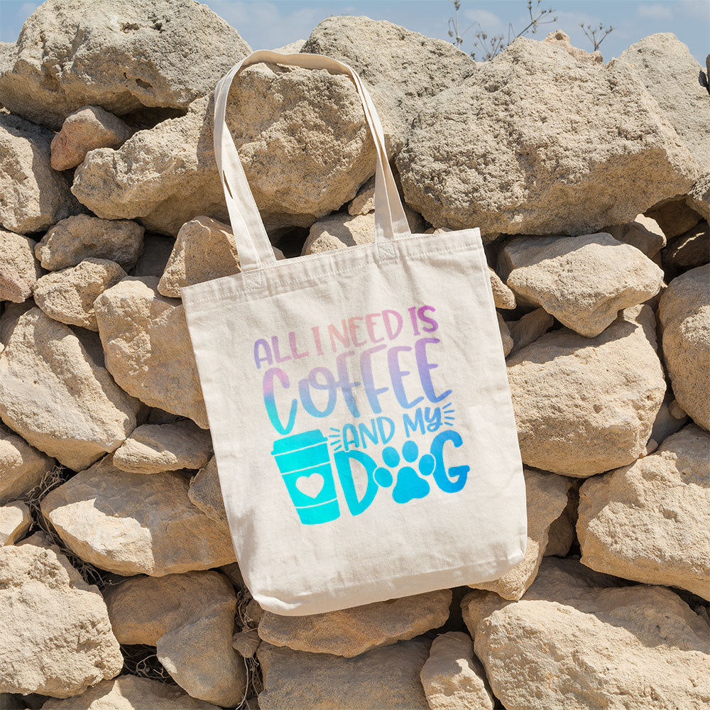 All I Need Is Coffee And My Dog With Blue Gradient Font Totes at $22.95 found at Personalizedpetlovergifts