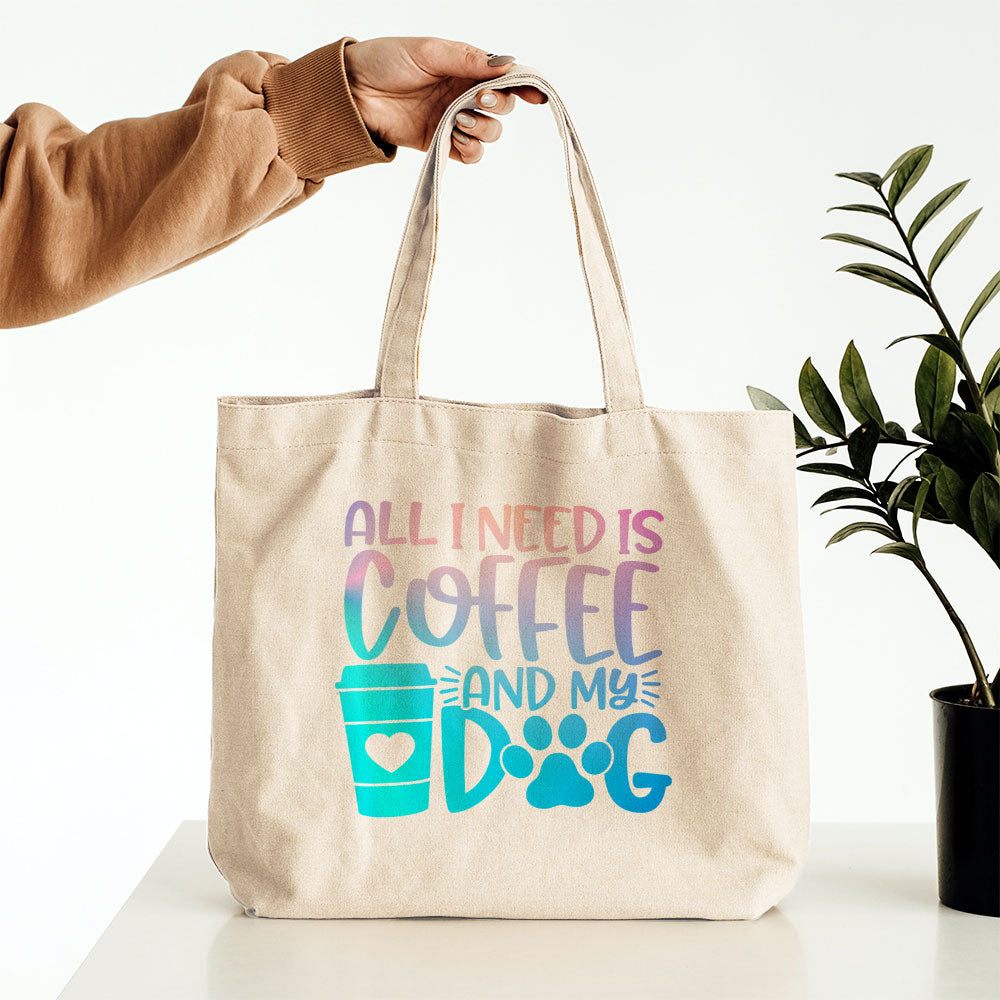 All I Need Is Coffee And My Dog With Blue Gradient Font Totes at $22.95 found at Personalizedpetlovergifts