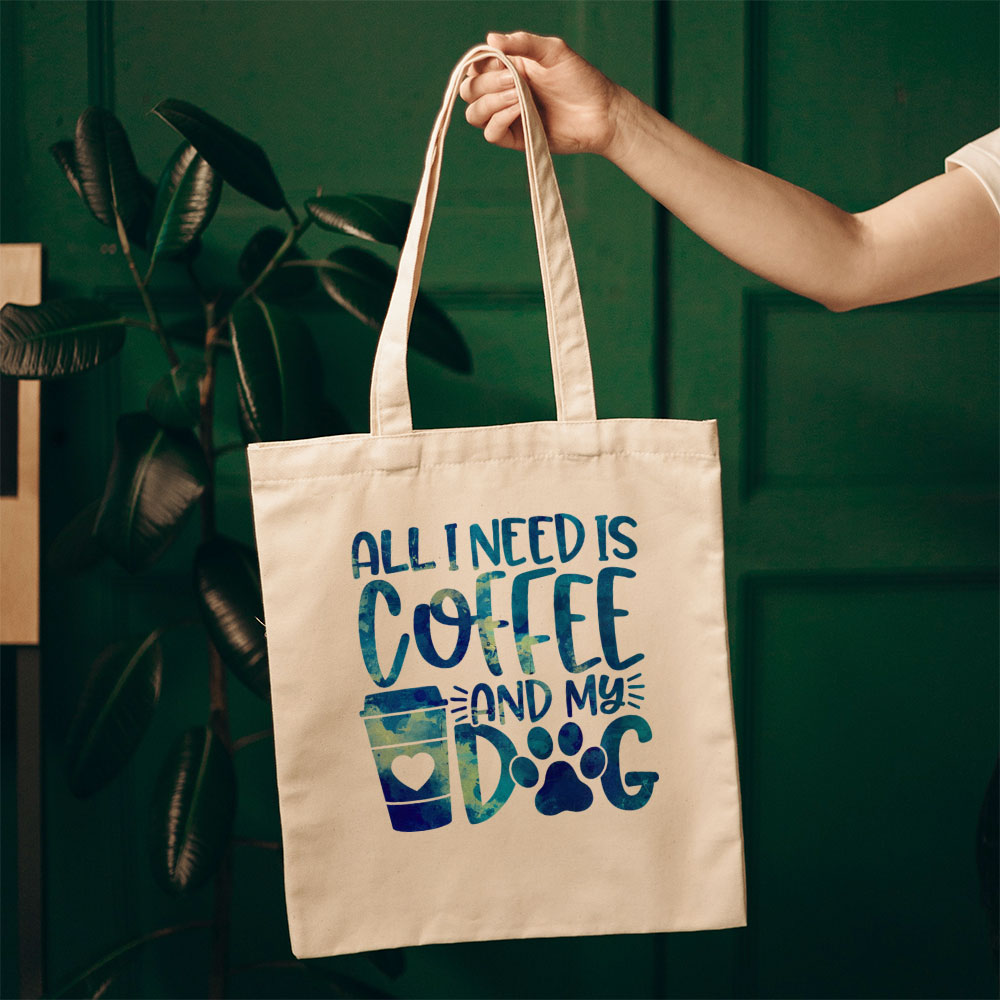 All I Need Is Coffee And My Dog With Blue Paint Font Totes at $22.95 found at Personalizedpetlovergifts