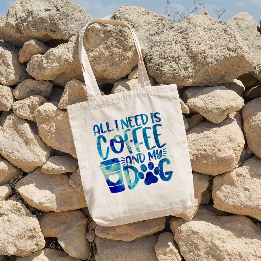 All I Need Is Coffee And My Dog With Blue Paint Font Totes at $22.95 found at Personalizedpetlovergifts