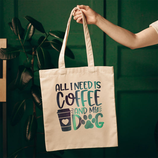 All I Need Is Coffee And My Dog With Green Galaxy Font Totes at $22.95 found at Personalizedpetlovergifts