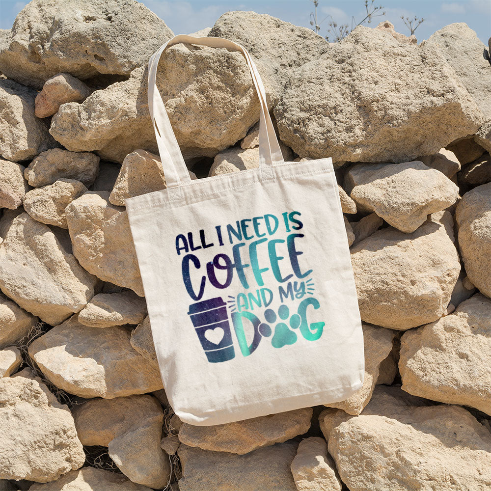 All I Need Is Coffee And My Dog With Green Galaxy Font Totes at $22.95 found at Personalizedpetlovergifts