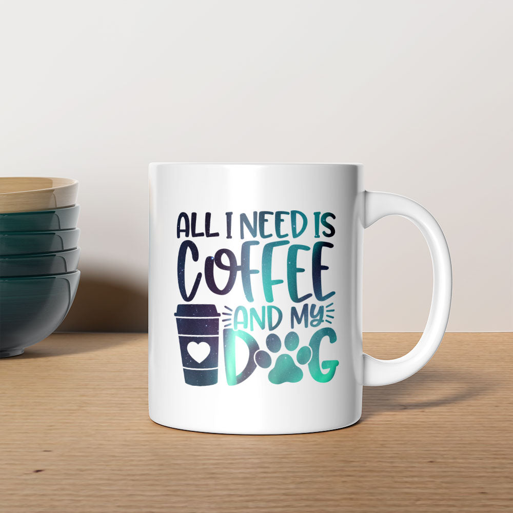 All I Need Is Coffee And My Dog with Green Galaxy font Mugs at $13.95 found at Personalizedpetlovergifts