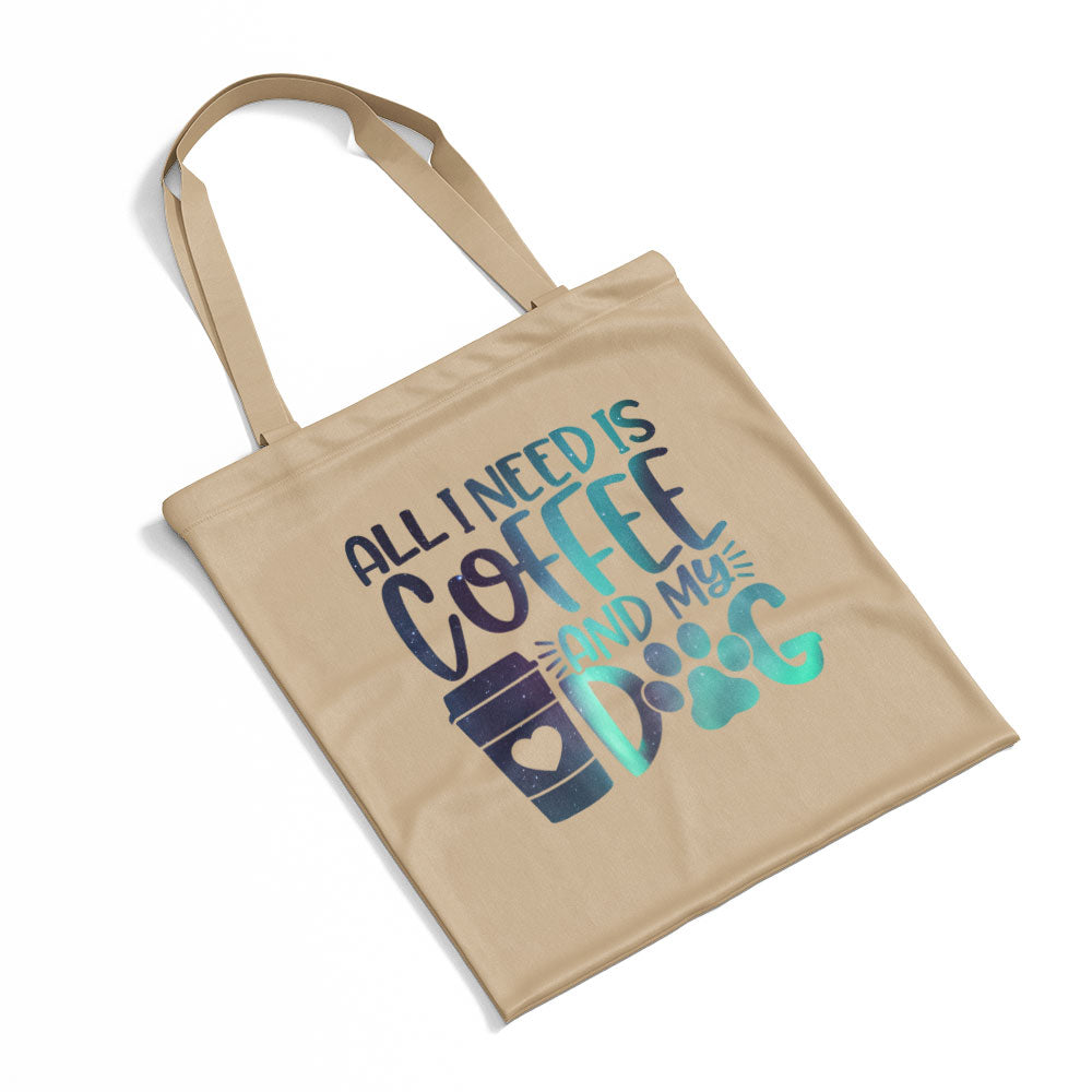 All I Need Is Coffee And My Dog With Green Galaxy Font Totes at $22.95 found at Personalizedpetlovergifts