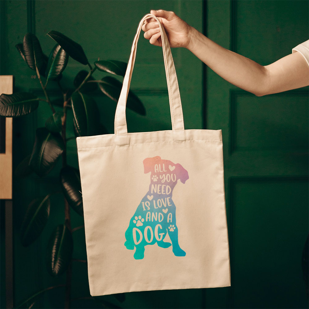 All You Need Is Love And A Dog With Blue Gradient Font Totes at $22.95 found at Personalizedpetlovergifts