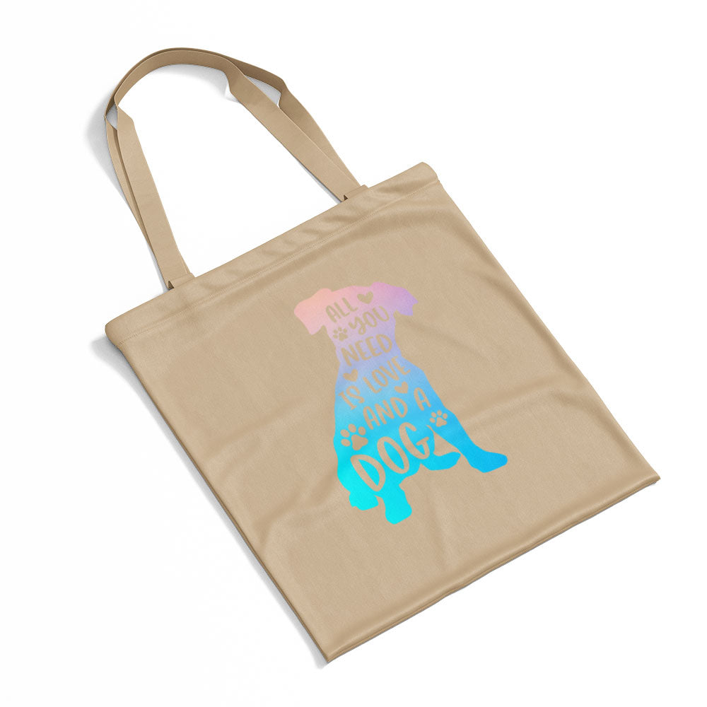 All You Need Is Love And A Dog With Blue Gradient Font Totes at $22.95 found at Personalizedpetlovergifts