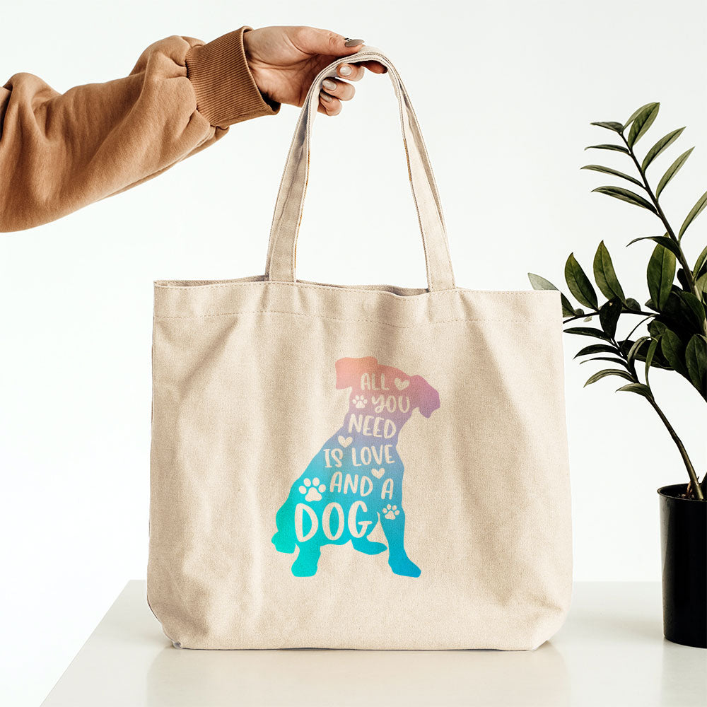 All You Need Is Love And A Dog With Blue Gradient Font Totes at $22.95 found at Personalizedpetlovergifts