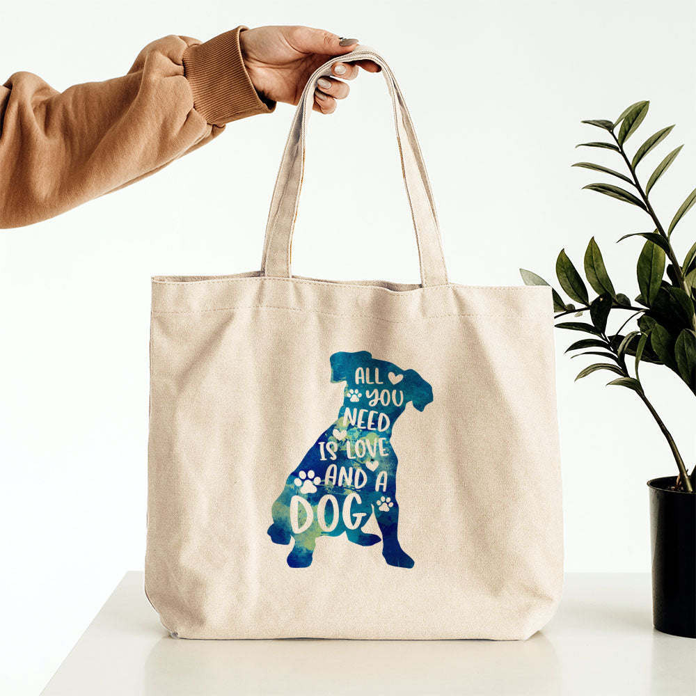 All You Need Is Love And A Dog With Blue Paint Font Totes at $22.95 found at Personalizedpetlovergifts