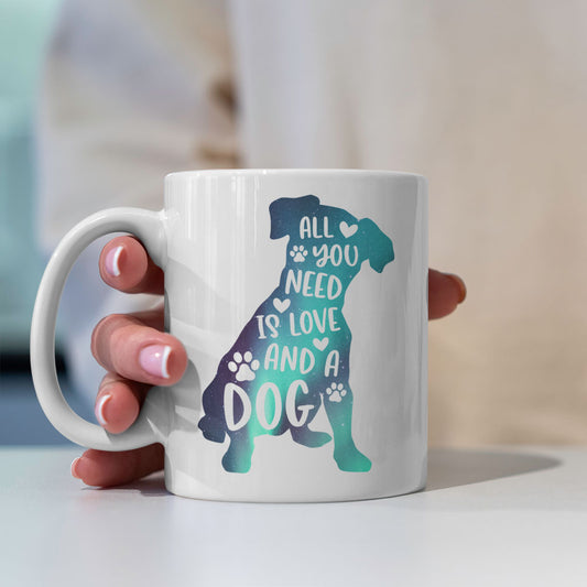 All You Need Is Love And A Dog with Green Galaxy font Mugs at $13.95 found at Personalizedpetlovergifts