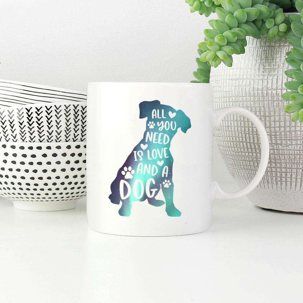 All You Need Is Love And A Dog with Green Galaxy font Mugs at $13.95 found at Personalizedpetlovergifts