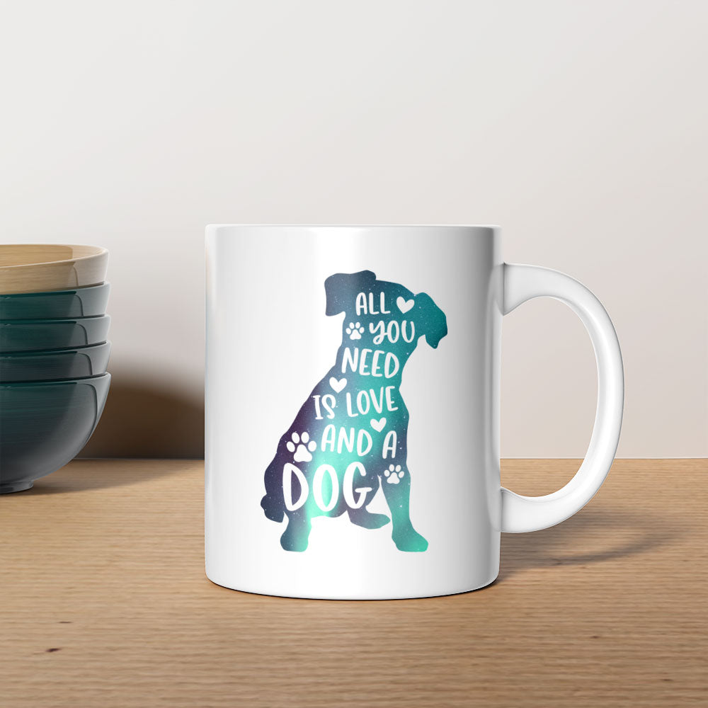 All You Need Is Love And A Dog with Green Galaxy font Mugs at $13.95 found at Personalizedpetlovergifts