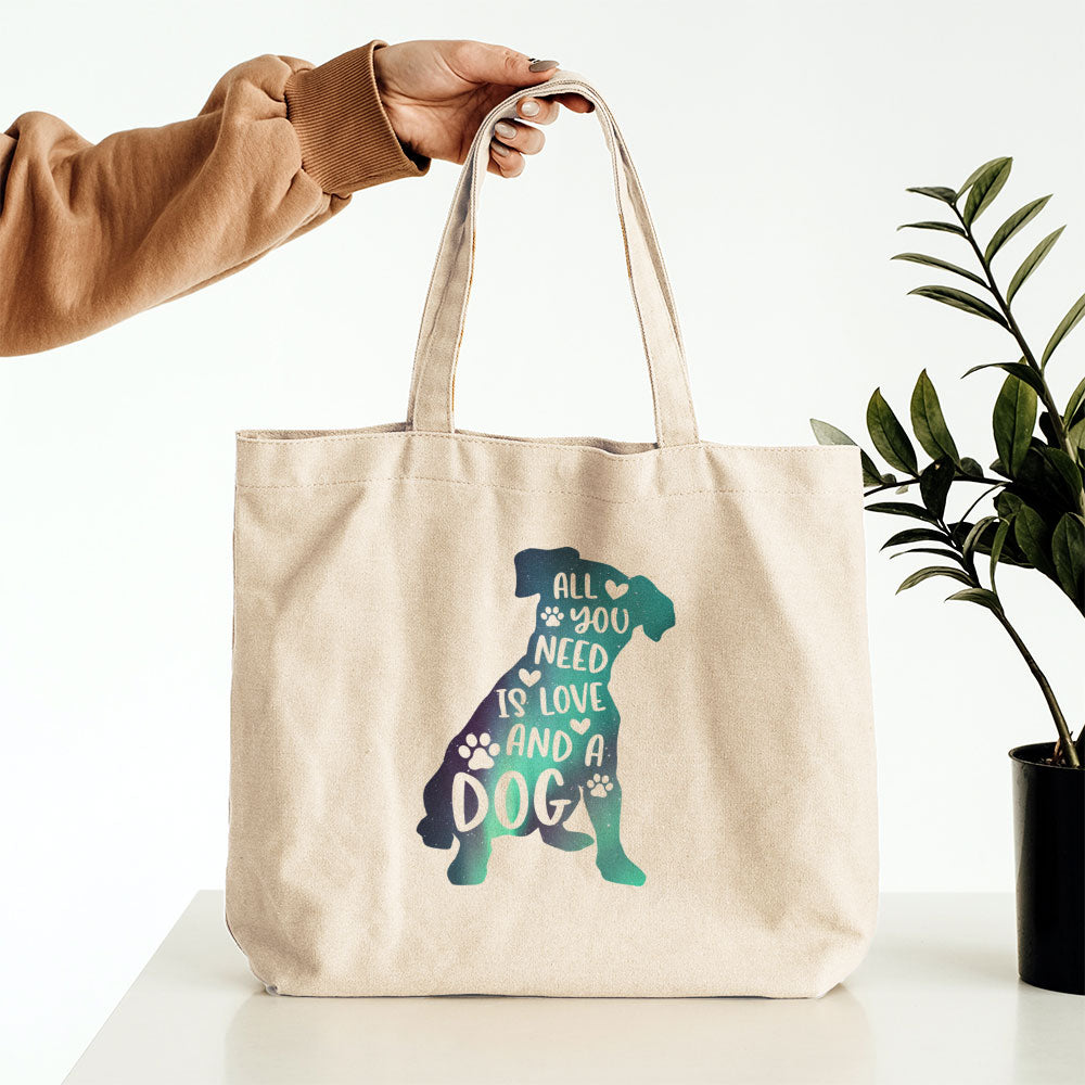 All You Need Is Love And A Dog With Green Galaxy Font Totes at $22.95 found at Personalizedpetlovergifts