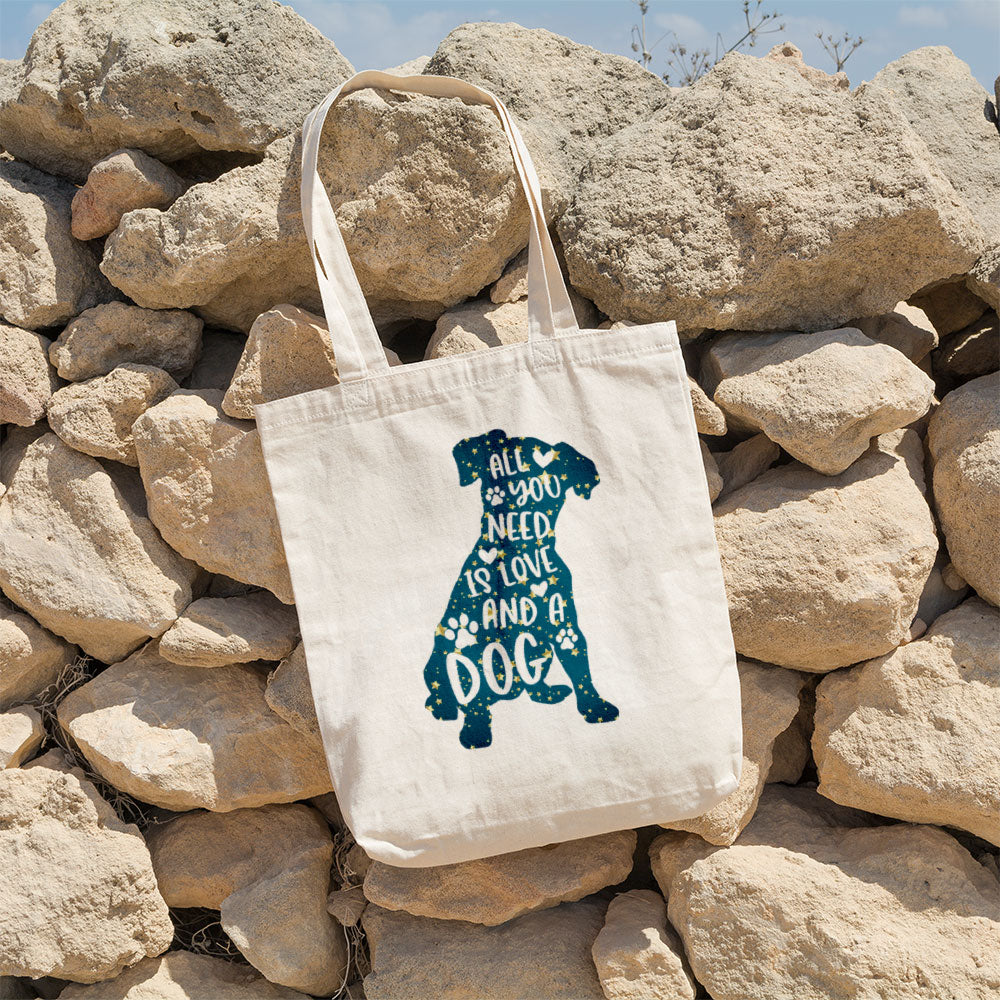 All You Need Is Love And A Dog With Star Font Totes at $22.95 found at Personalizedpetlovergifts