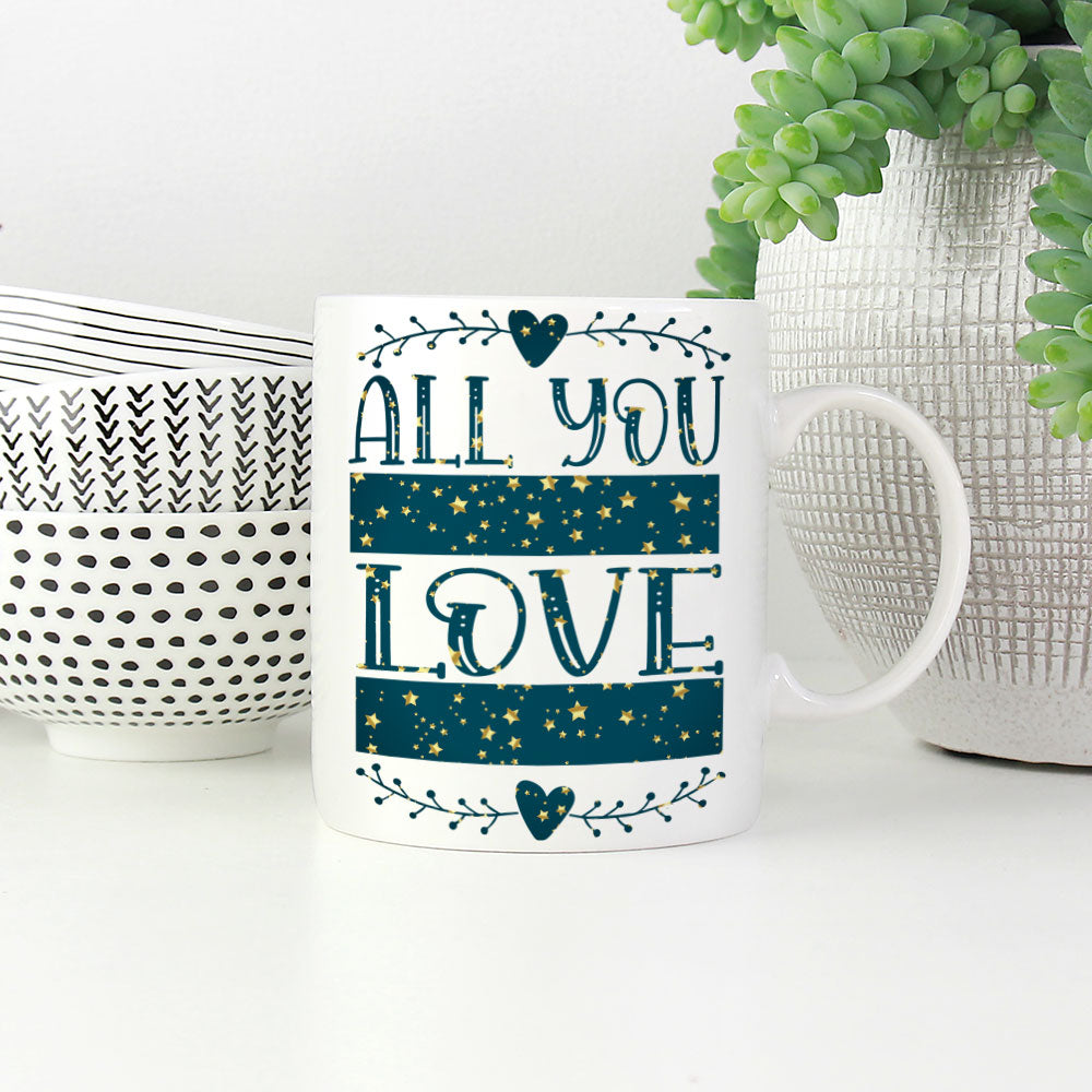 All You Need Is Love And a Cat With Hearts In Star Pattern Mug at $13.95 found at Personalizedpetlovergifts