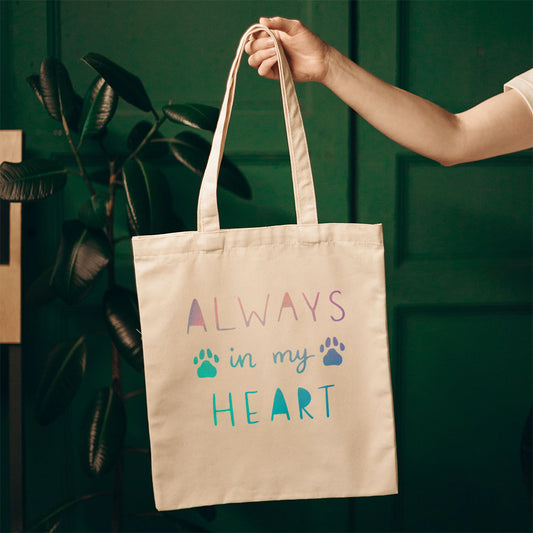 Always In My Heart With Blue Gradient Font Totes at $22.95 found at Personalizedpetlovergifts