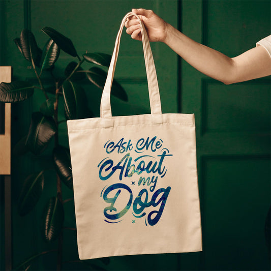 Ask Me About My Dog With Blue Paint Font Totes at $22.95 found at Personalizedpetlovergifts