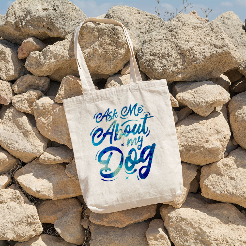 Ask Me About My Dog With Blue Paint Font Totes at $22.95 found at Personalizedpetlovergifts