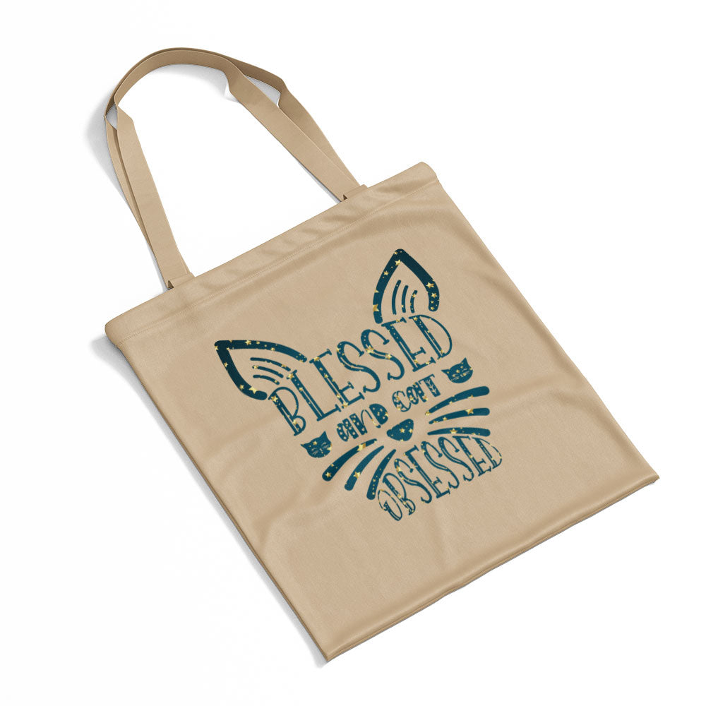 Blessed And Cat Obsessed In Star Pattern Tote at $22.95 found at Personalizedpetlovergifts