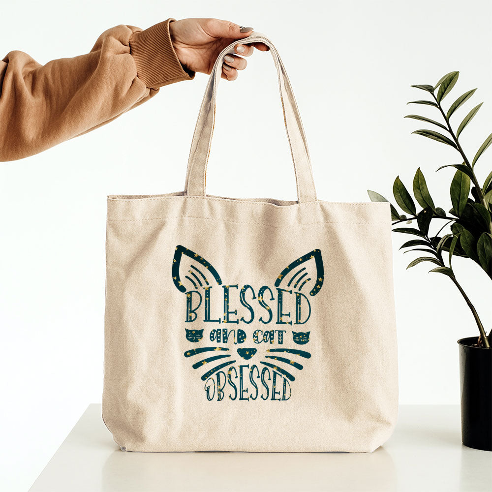 Blessed And Cat Obsessed In Star Pattern Tote at $22.95 found at Personalizedpetlovergifts