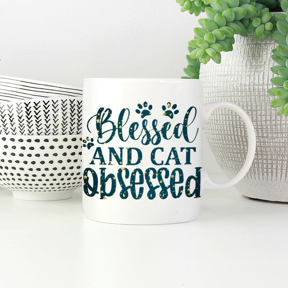 Blessed And Cat Obsessed With Paws In Star Pattern Mug at $13.95 found at Personalizedpetlovergifts