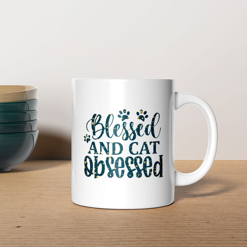 Blessed And Cat Obsessed With Paws In Star Pattern Mug at $13.95 found at Personalizedpetlovergifts