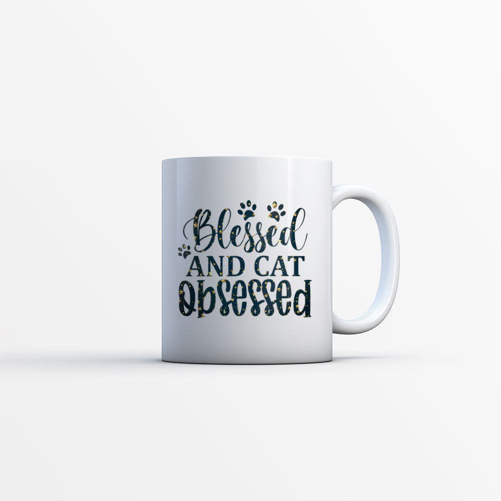 Blessed And Cat Obsessed With Paws In Star Pattern Mug at $13.95 found at Personalizedpetlovergifts