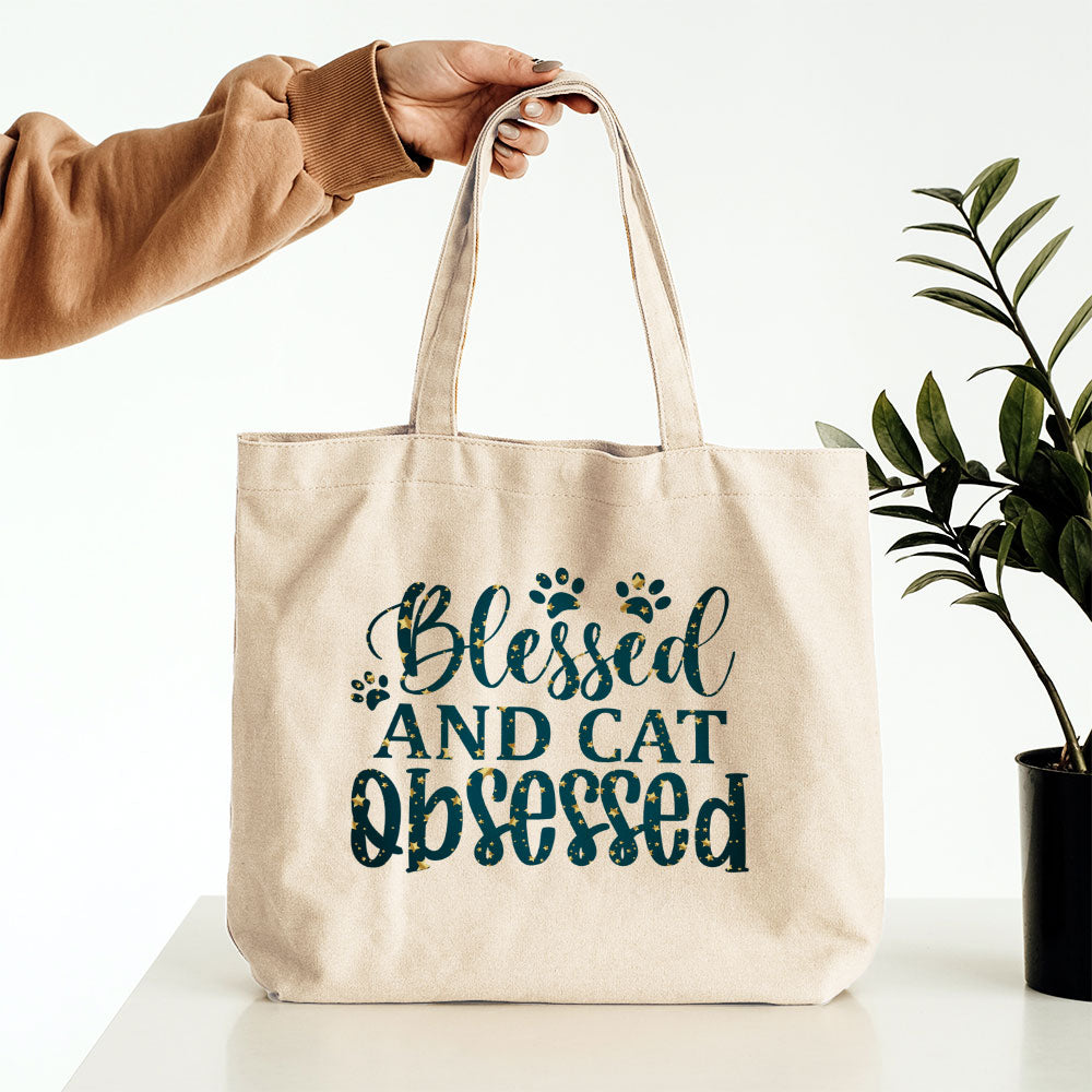 Blessed And Cat Obsessed With Paws In Star Pattern Tote at $22.95 found at Personalizedpetlovergifts