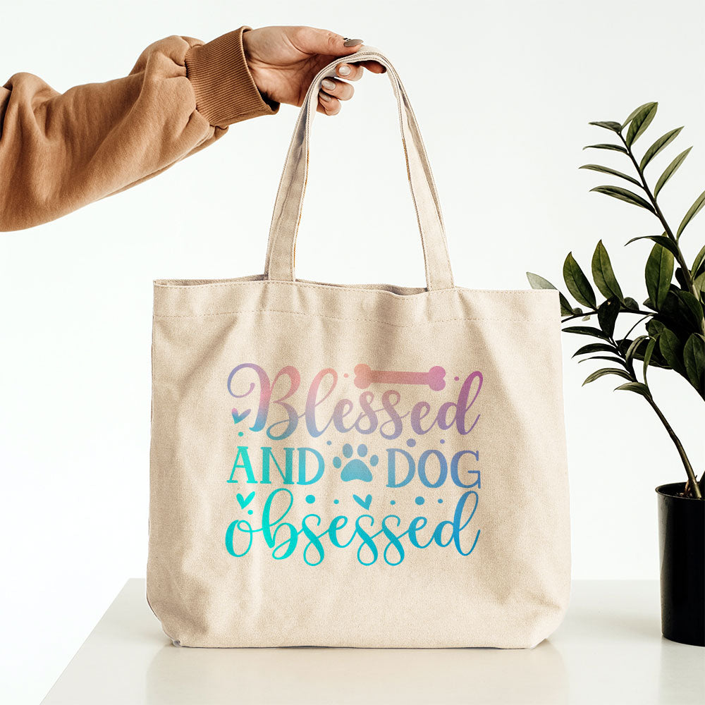 Blessed And Dog Obsessed With Blue Gradient Font Totes at $22.95 found at Personalizedpetlovergifts