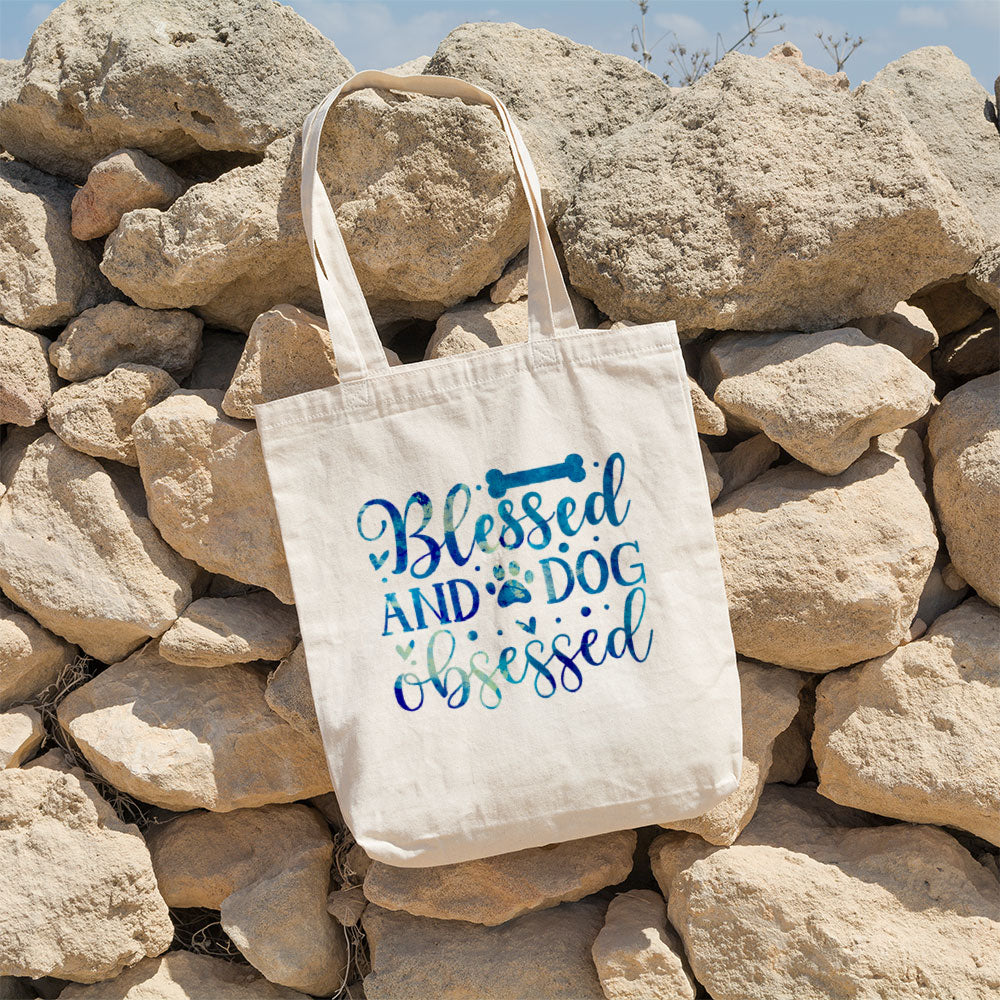 Blessed And Dog Obsessed With Blue Paint Font Totes at $22.95 found at Personalizedpetlovergifts