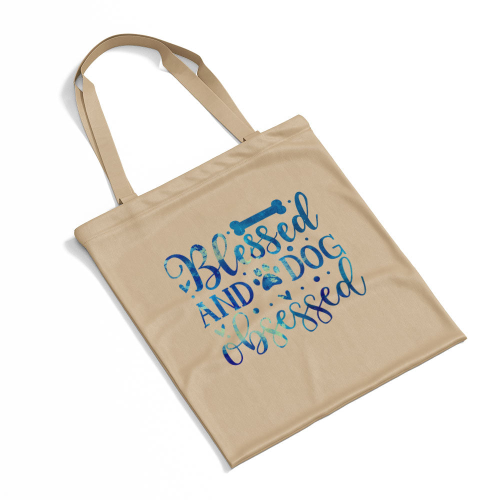 Blessed And Dog Obsessed With Blue Paint Font Totes at $22.95 found at Personalizedpetlovergifts