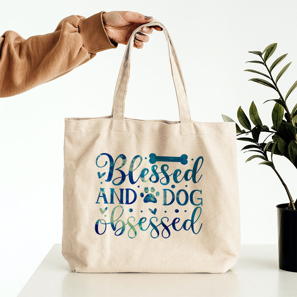 Blessed And Dog Obsessed With Blue Paint Font Totes at $22.95 found at Personalizedpetlovergifts