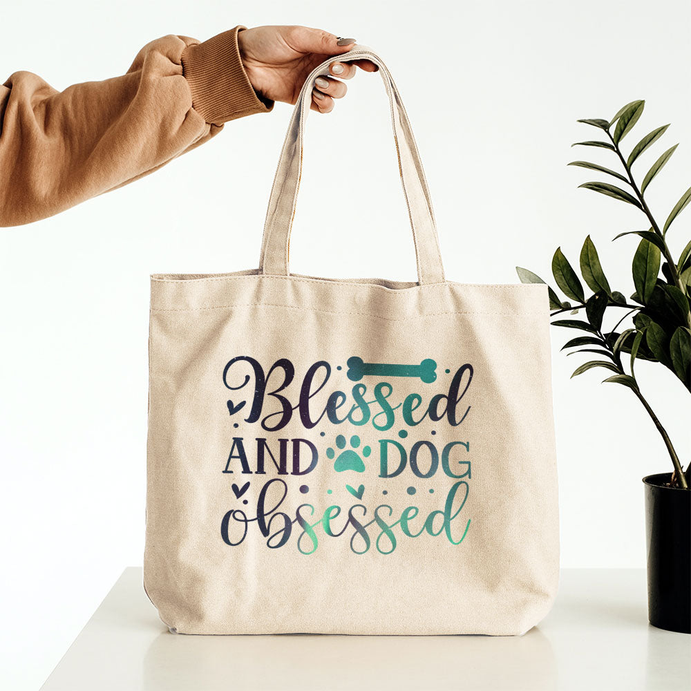 Blessed And Dog Obsessed With Green Galaxy Font Totes at $22.95 found at Personalizedpetlovergifts