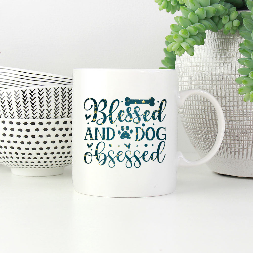 Blessed And Dog Obsessed with star font Mugs at $13.95 found at Personalizedpetlovergifts