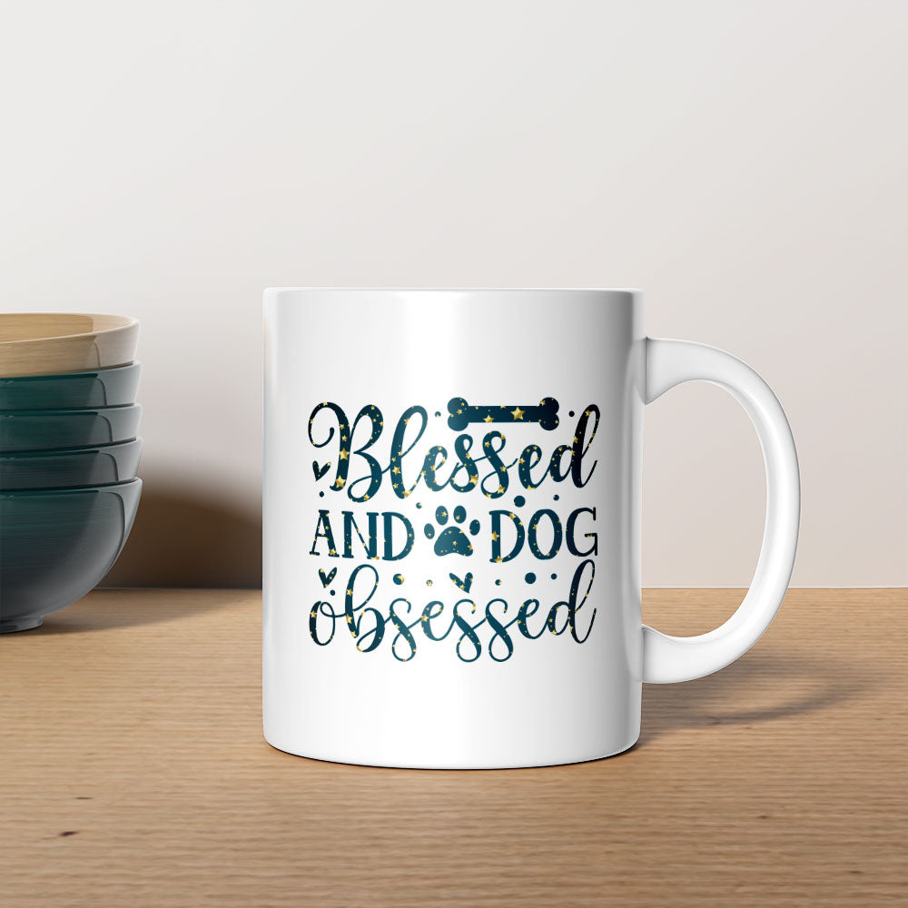 Blessed And Dog Obsessed with star font Mugs at $13.95 found at Personalizedpetlovergifts