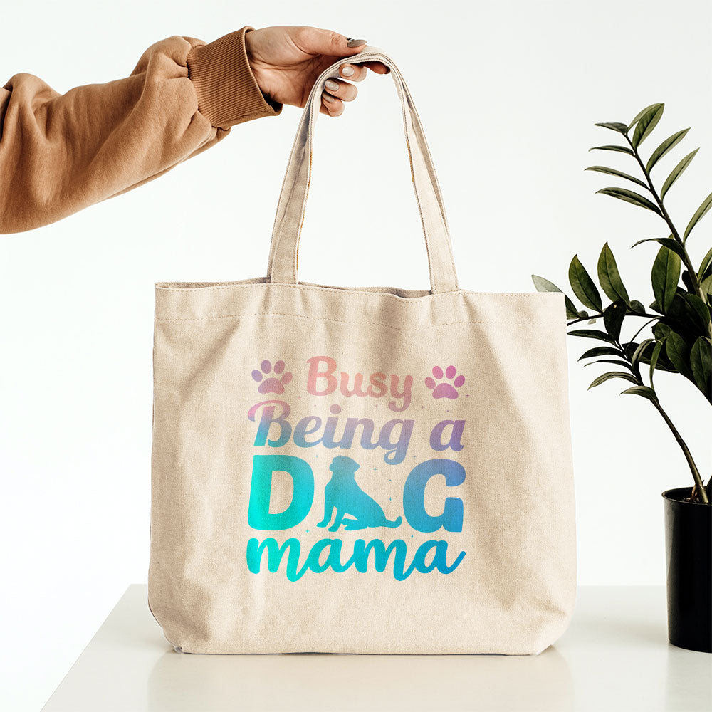 Busy Being A Dog Mama With Paw With Blue Paint Font Totes at $22.95 found at Personalizedpetlovergifts