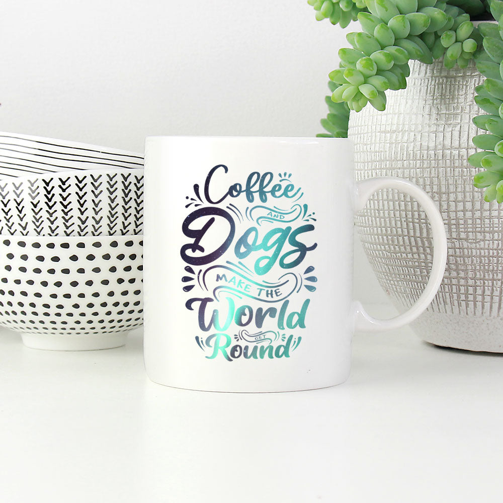 Coffee And Dogs Make The World Go Round with Green Galaxy font Mugs at $13.95 found at Personalizedpetlovergifts