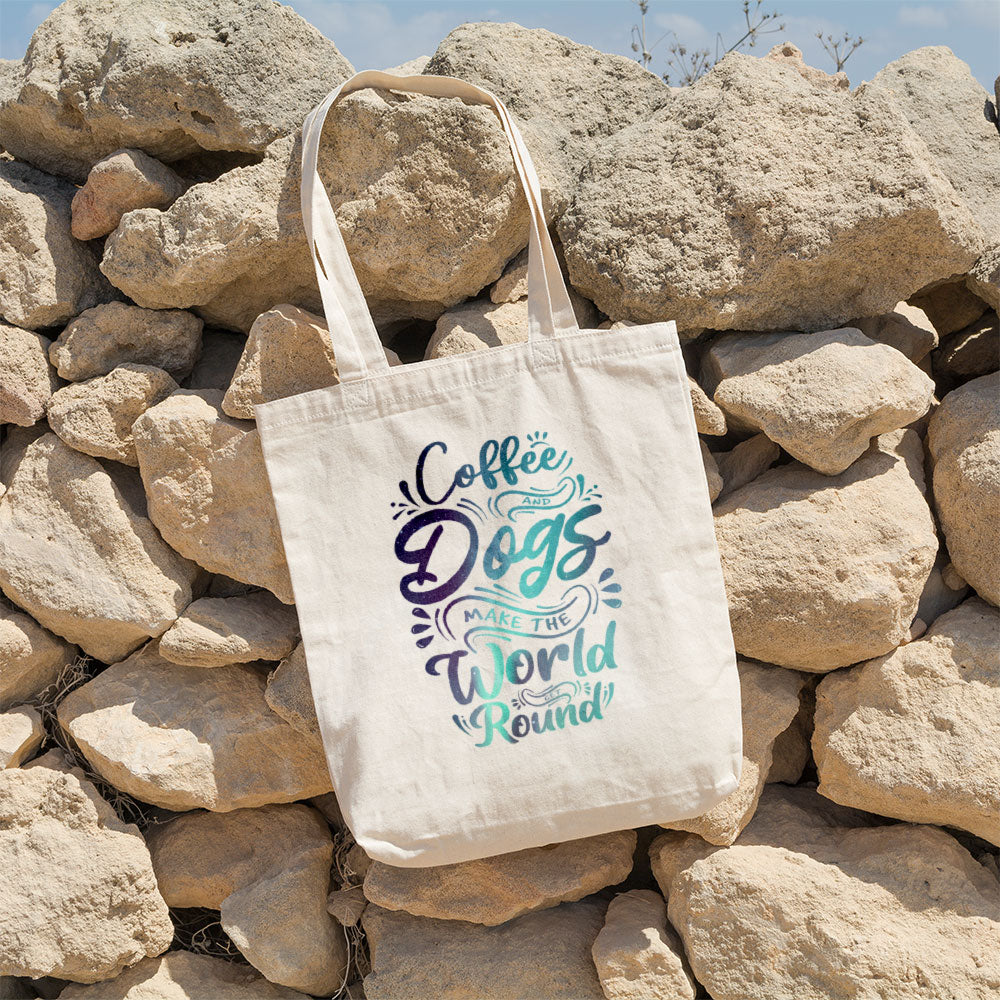 Coffee And Dogs Make The World Go Round With Green Galaxy Font Totes at $22.95 found at Personalizedpetlovergifts