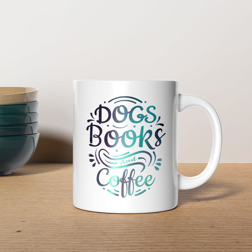 Dogs Book And Coffee with Green Galaxy font Mugs at $13.95 found at Personalizedpetlovergifts