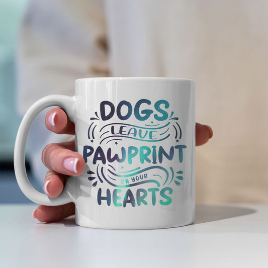 Dogs Leave Pawprints On Your Hearts with Green Galaxy font Mugs at $13.95 found at Personalizedpetlovergifts