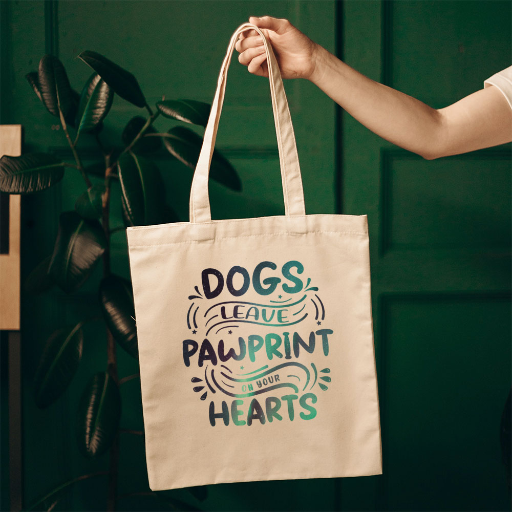 Dogs Leave Pawprints On Your Hearts With Green Galaxy Font Totes at $22.95 found at Personalizedpetlovergifts