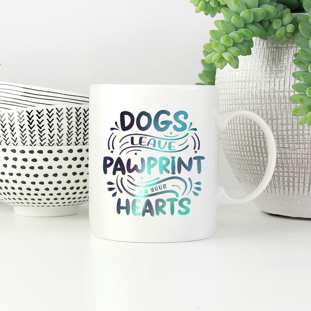 Dogs Leave Pawprints On Your Hearts with Green Galaxy font Mugs at $13.95 found at Personalizedpetlovergifts