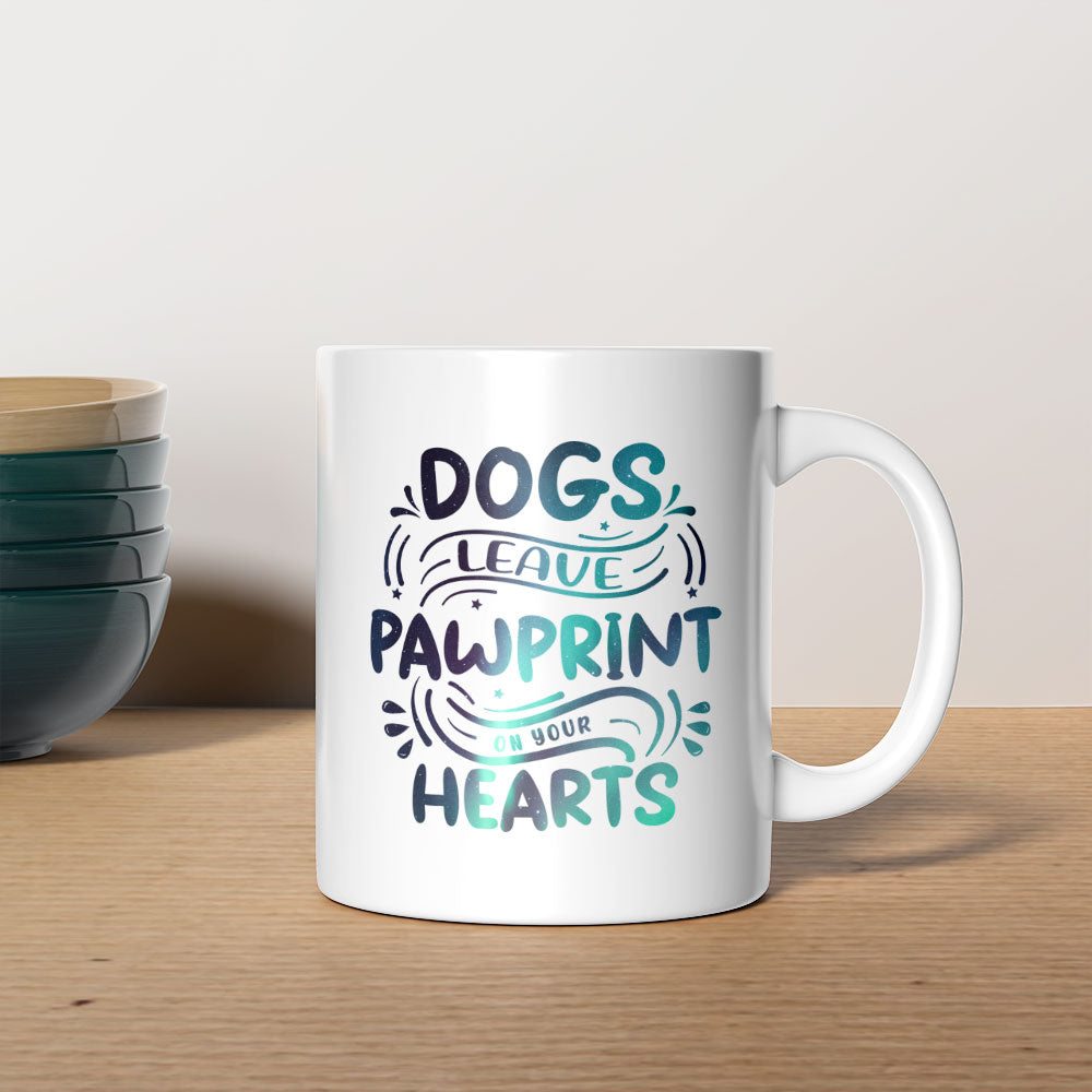 Dogs Leave Pawprints On Your Hearts with Green Galaxy font Mugs at $13.95 found at Personalizedpetlovergifts